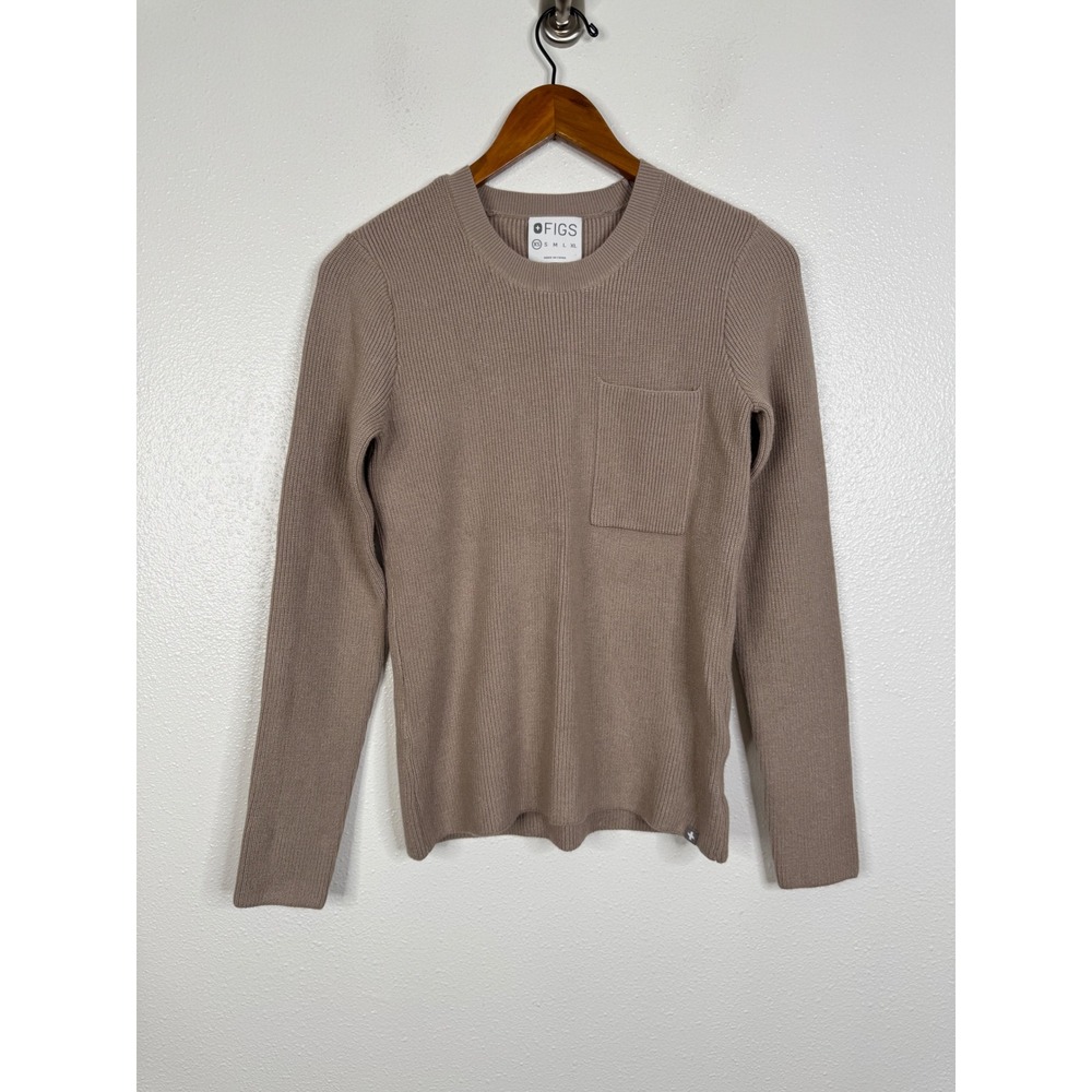 FIGS Ribbed Knit Long Sleeve Sweater Taupe Brown Crew Neck Pocket XS W18LW3003
